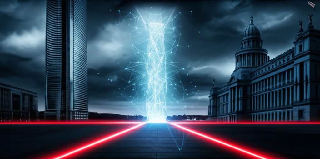 A government building and a corporate tower face each other across a glowing red line, with an AI neural network pillar between them