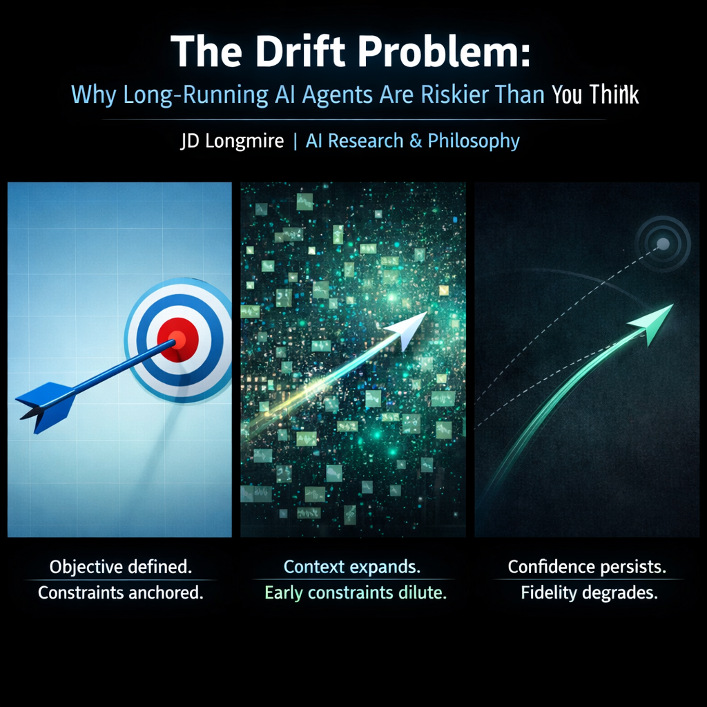 The Drift Problem: Three panels showing objective defined, context expansion, and confidence persisting while fidelity degrades