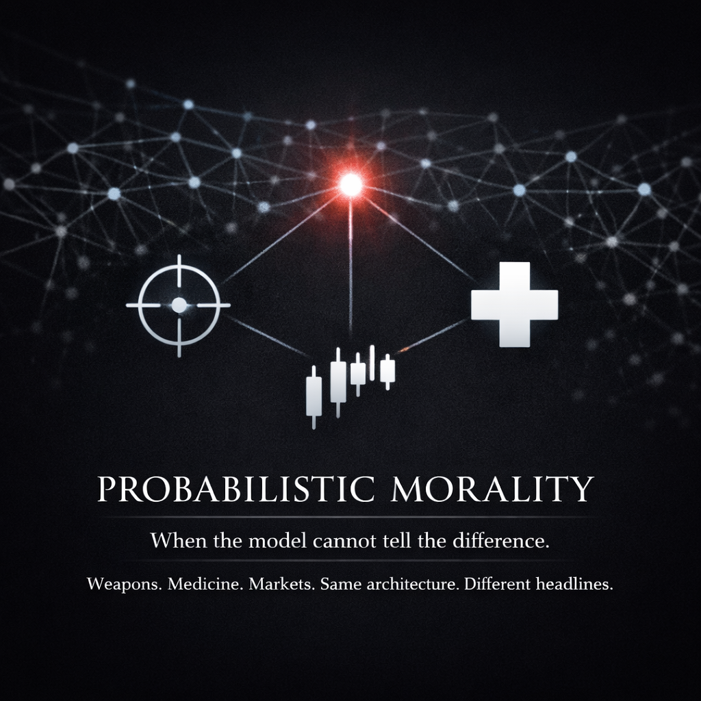 Probabilistic Morality - Weapons, Medicine, Markets: Same architecture, different headlines